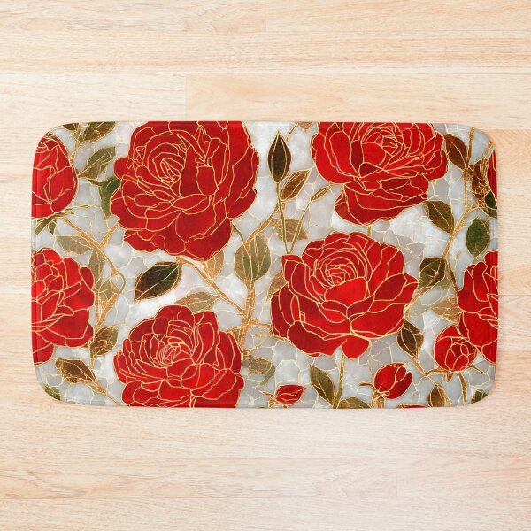 Item preview, Red Roses Blooming Stained Glass Gold Floral Pattern designed and sold by GrinGalore.
