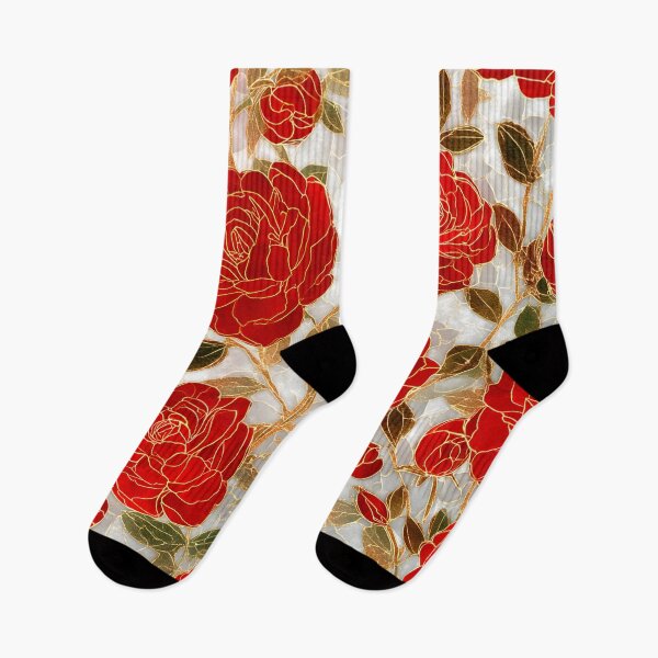 Item preview, Red Roses Blooming Stained Glass Gold Floral Pattern designed and sold by GrinGalore.
