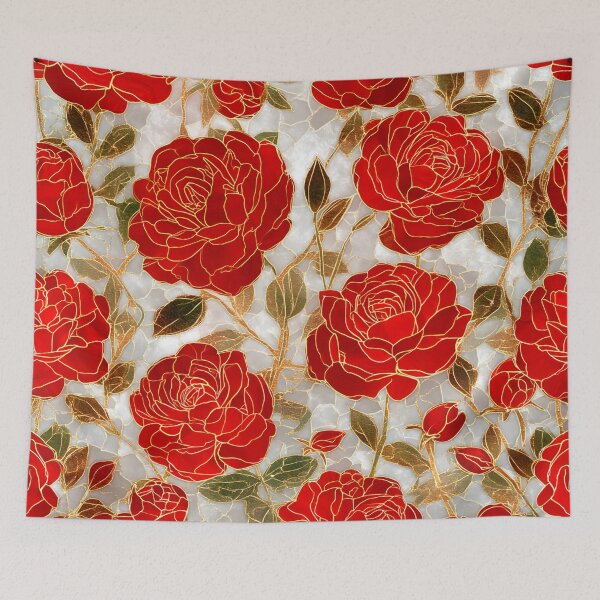 Item preview, Red Roses Blooming Stained Glass Gold Floral Pattern designed and sold by GrinGalore.