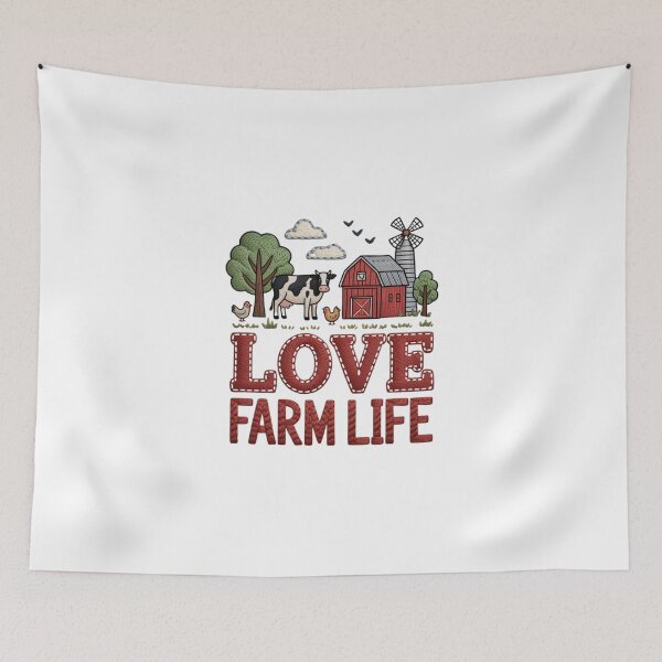 Item preview, Whimsical Faux Embroidery Love Farm Life Art - Rustic Barnyard Landscape Design designed and sold by Picasfarmer.