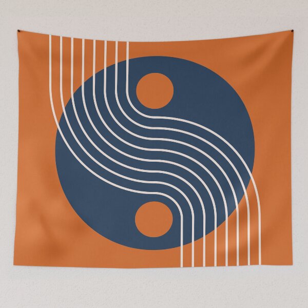Item preview, Mid Century Abstract Yin Yang Geometric Wave in navy blue and burnt orange designed and sold by nineFlorals.