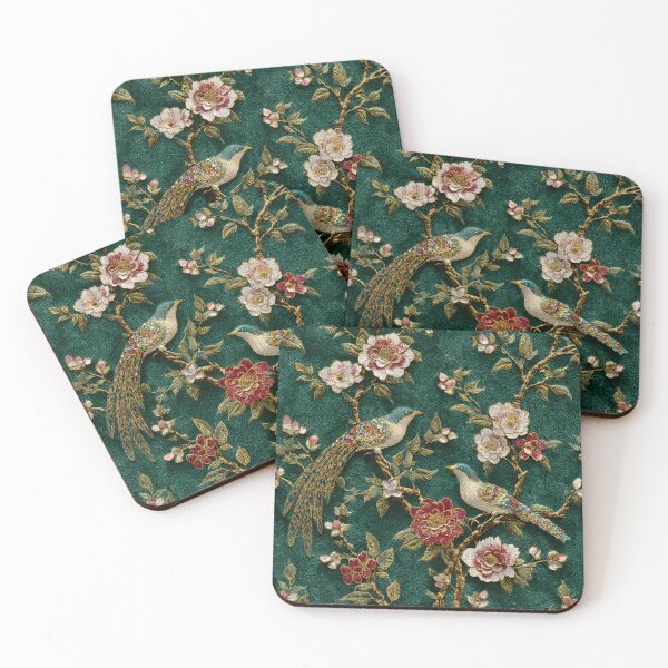 Item preview, Silk Floral Emerald Birds Embroidery Chinese Wallpapers designed and sold by GrinGalore.