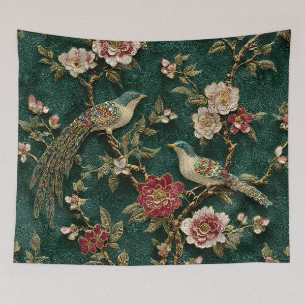 Item preview, Silk Floral Emerald Birds Embroidery Chinese Wallpapers designed and sold by GrinGalore.