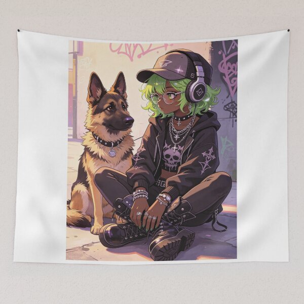 Item preview, Anime Goth Girl with German Shepherd Streetwear Aesthetic designed and sold by unboxedbyJuls.