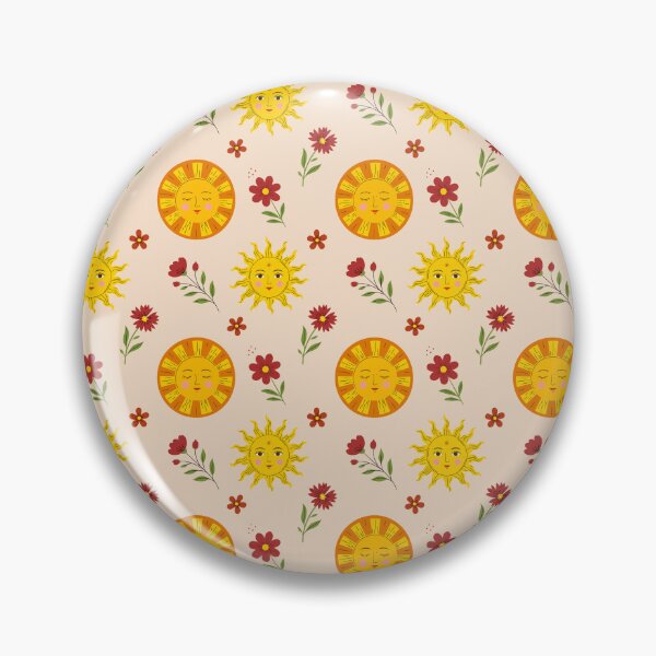 Item preview, Celestial folk art seamless pattern with stylized suns and red flowers on beige background designed and sold by AllaMashycheva.