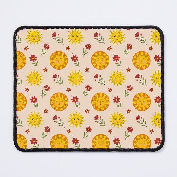 Item preview, Celestial folk art seamless pattern with stylized suns and red flowers on beige background designed and sold by AllaMashycheva.