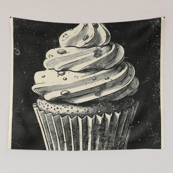 Item preview, Vintage Linocut Cupcake Dark Gothic Dessert Illustration designed and sold by Hen-C-Art.