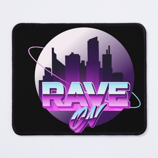 Item preview, Rave On Synthwave Neon City Skyline 80s Retro Chrome Typography Festival Art designed and sold by DERA RAY.