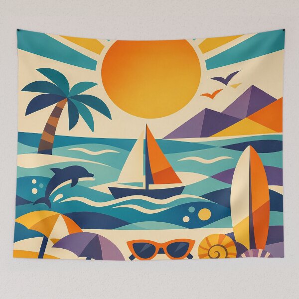 Item preview, Geometric Seaside with Yacht, Dolphin and Sun designed and sold by InkSmithery.