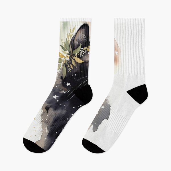 Item preview, Celestial Black Cat Watercolor Art | Mystic Starry Cat with Botanical Crown designed and sold by GalleryPeak.