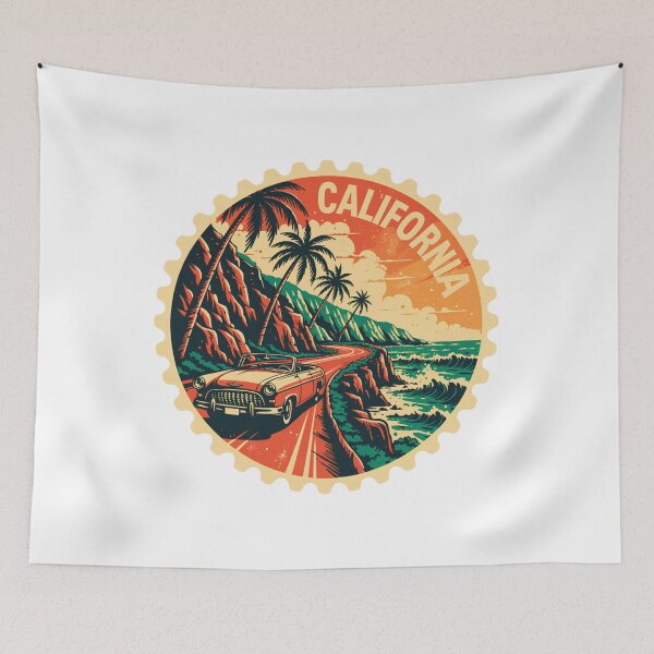 Item preview, California Coastal Road Trip Stamp Vintage Convertible Beach Design designed and sold by ArcticFoxStudio.