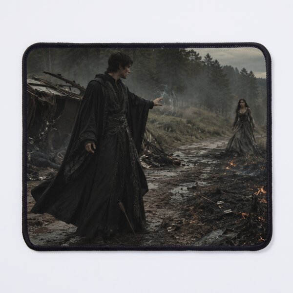 Item preview, Dark Fantasy Mage at the Burned Carriage | Cinematic Epic Fantasy Art Print designed and sold by Element Horizon Studio.