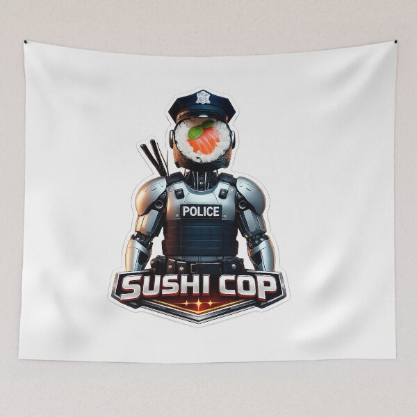 Item preview, Cyberpunk Sushi Cop - Futuristic Mech Roll Sticker designed and sold by Surreal Characters & Cute Pups.