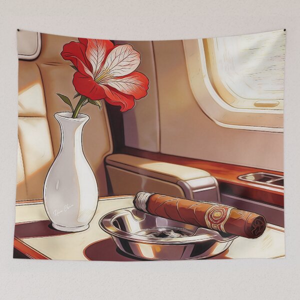 Item preview, Luxury Private Jet Cigar and Red Flower Vintage Illustration designed and sold by Hen-C-Art.