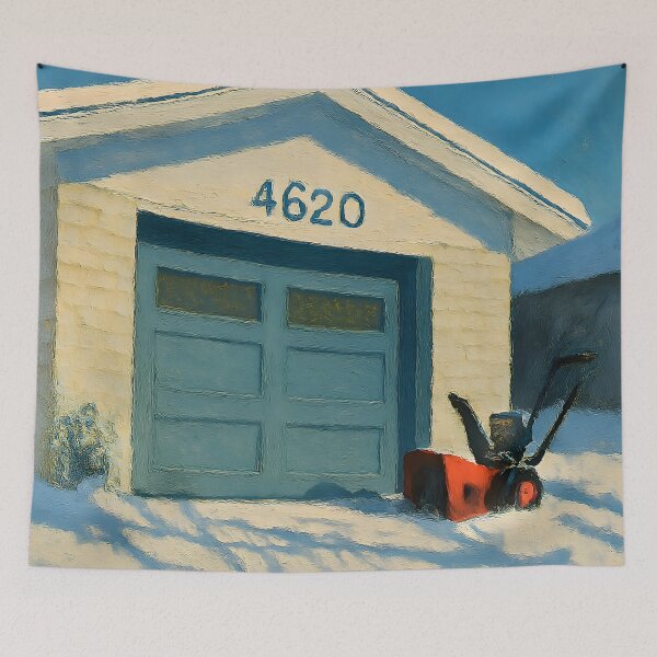 Item preview, Snowy Garage Winter Scene With Red Snowblower Painting designed and sold by PandaTShirtShop.