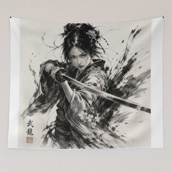 Item preview, Sakura Blade — Japanese Ink Wash Samurai Woman Art Print designed and sold by BuryuJapanArt.