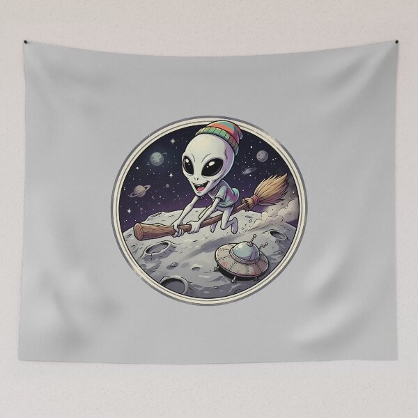 Item preview, Funny Alien Riding Witch Broomstick On The Moon designed and sold by Sunkhung.