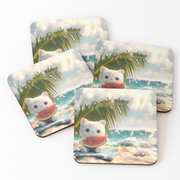 Item preview, Cute Cat Eating Watermelon on the Beach designed and sold by colorful-white.