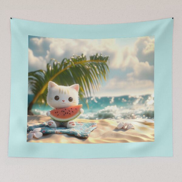 Item preview, Cute Cat Eating Watermelon on the Beach designed and sold by colorful-white.