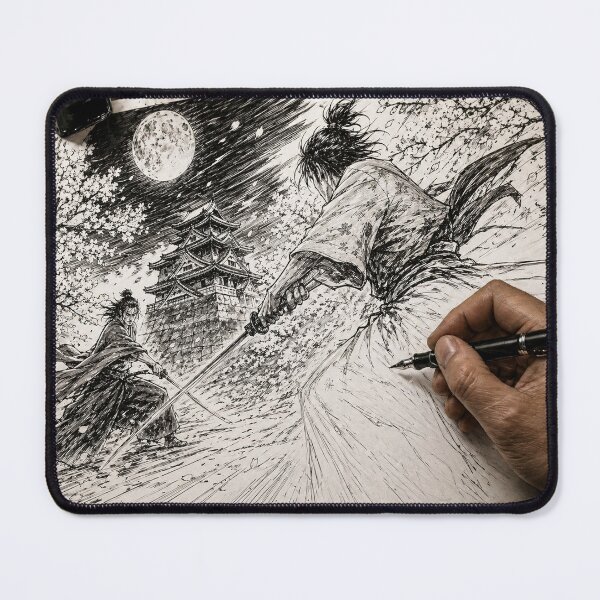 Item preview, Moonlit Duel — Samurai Ink Drawing in Progress Art Print designed and sold by BuryuJapanArt.