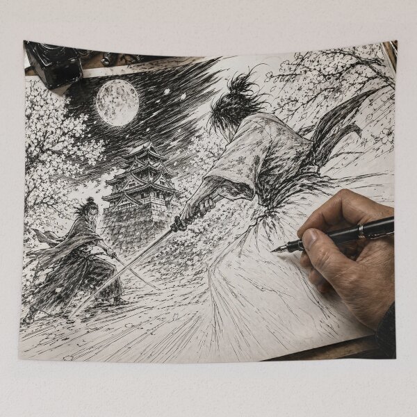Item preview, Moonlit Duel — Samurai Ink Drawing in Progress Art Print designed and sold by BuryuJapanArt.