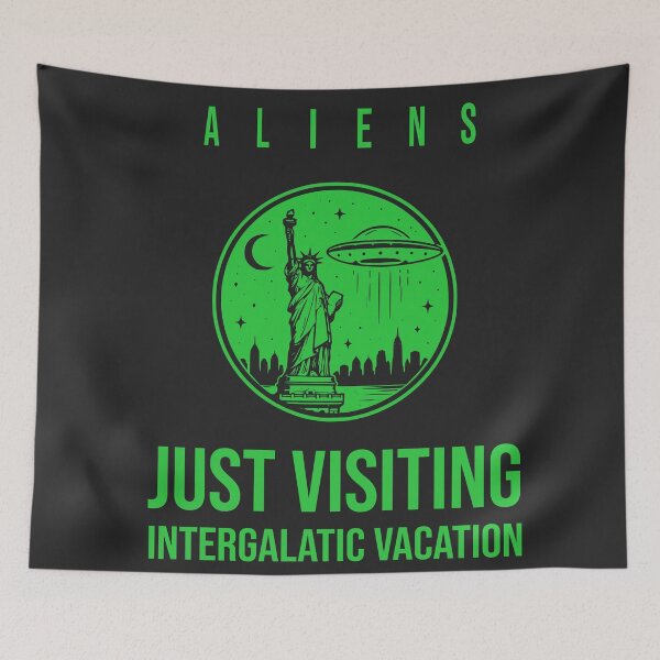 Item preview, Aliens Just Visiting Intergalactic Vacation UFO Statue Of Liberty Retro Sci-Fi Shirt - Green designed and sold by VoglR.