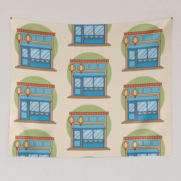 Item preview, nostalgic asian bakery storefront in morning sunlight designed and sold by Senglaopattern.