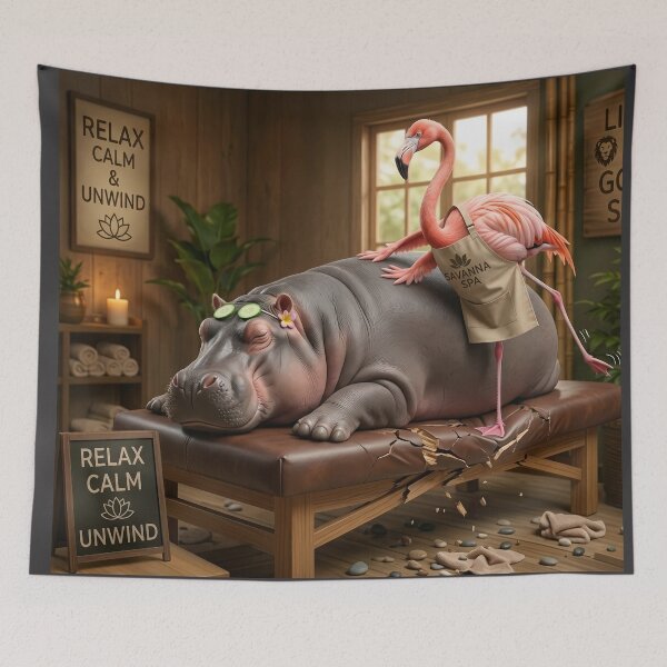 Item preview, Heavy Lifting Funny Hippo and Flamingo Spa Day designed and sold by SoftAuraStudi0.
