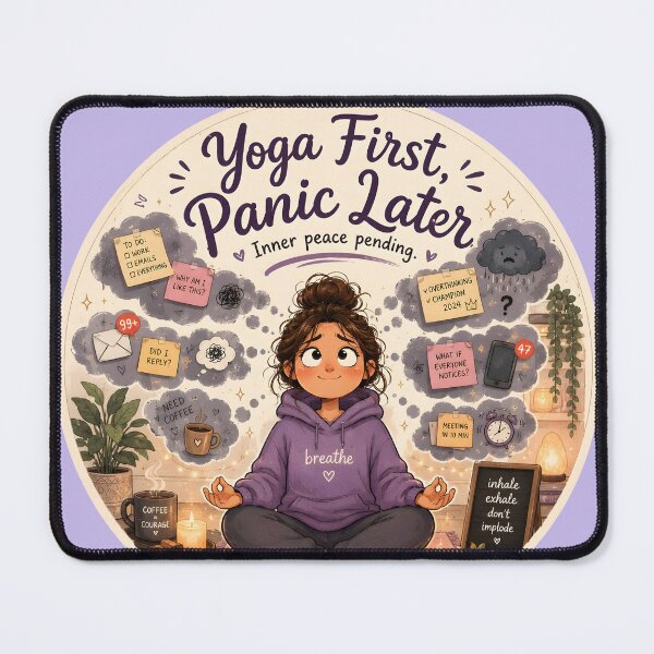 Item preview, Yoga First Panic Later Funny Anxiety Yoga Sticker Cozy Mental Health Humor designed and sold by MAD's Recreation Studio.