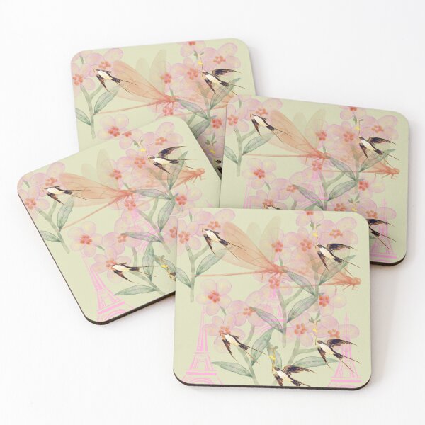 Item preview, Paris Eiffel Tower Swallow Bird Dragonfly Pink Floral Sage Art Print designed and sold by Extremeallie.