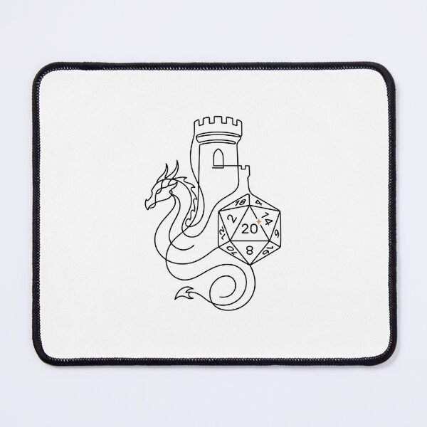 Item preview, Minimalist Dragon Castle Tower and D20 Dice Fantasy Line Art designed and sold by Fenay Designs.