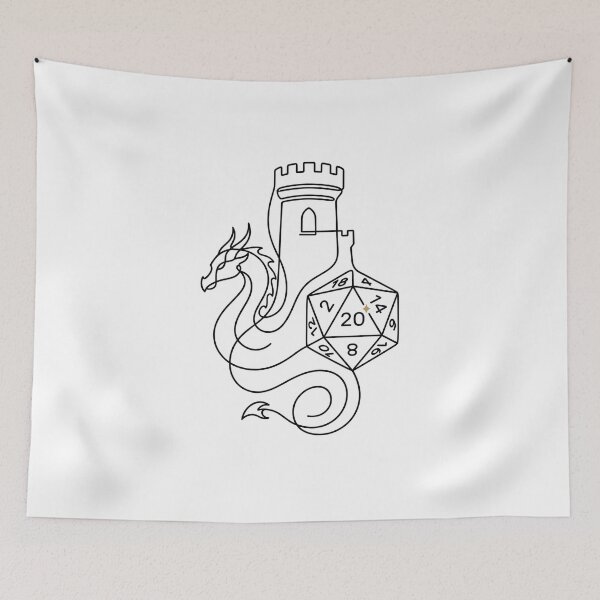 Item preview, Minimalist Dragon Castle Tower and D20 Dice Fantasy Line Art designed and sold by Fenay Designs.