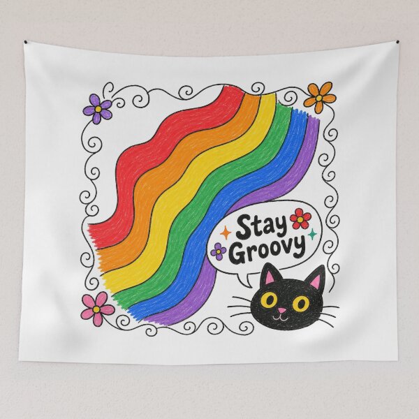 Item preview, Stay Groovy Retro Rainbow Black Cat – Vintage 70s Cute Cat Aesthetic Design designed and sold by Sandy's Cheeky Studio.