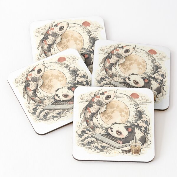 Item preview, Tired Panda Koi Fish Japanese Wave Sticker — Kawaii Programmer Iced Coffee Ukiyo-e Art designed and sold by Moonveil_Studio.