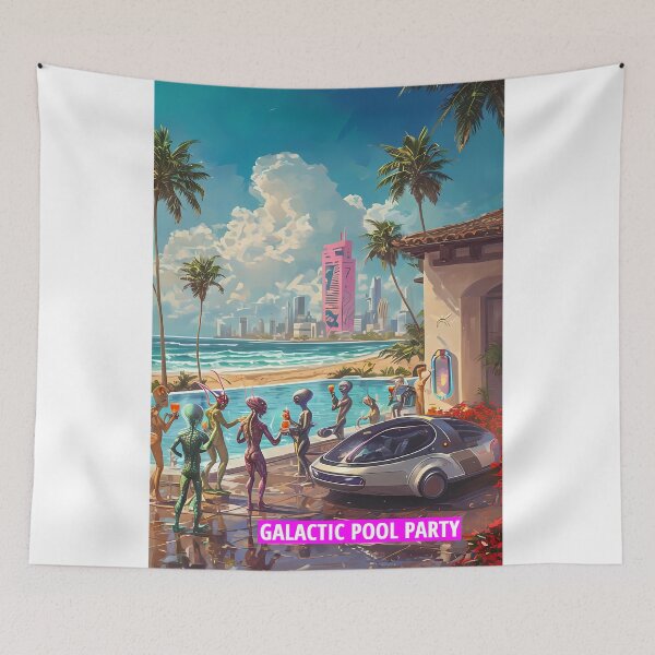 Item preview, GALACTIC POOL PARTY - Funny Alien Beach Villa Art designed and sold by Modern Nest Art.
