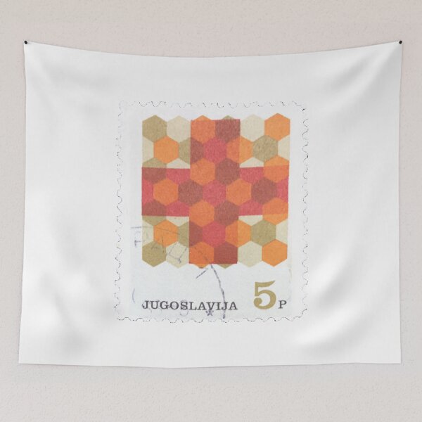 Item preview, Yugoslavia Orange Cross and Shapes Vintage Postage Stamp designed and sold by red-amber65.