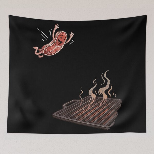 Item preview, Funny Cartoon Beef Steak Character Jumping Happily Onto Hot BBQ Grill designed and sold by RuperDelois.