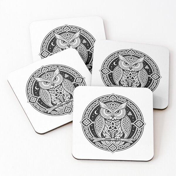 Item preview, Round Celtic Owl Design | Black and White Perched Owl with Crescent Moon designed and sold by ShadeScapeArt.