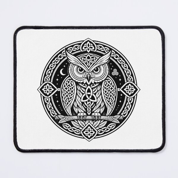Item preview, Round Celtic Owl Design | Black and White Perched Owl with Crescent Moon designed and sold by ShadeScapeArt.
