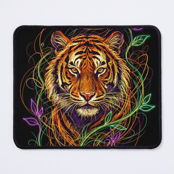 Item preview, Neon Tiger with Swirling Vines, scribble art designed and sold by BombasticPlanet.