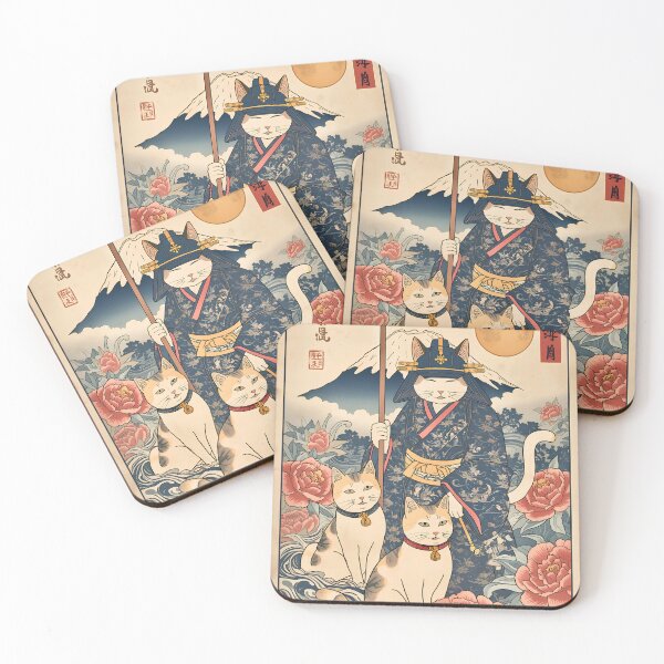 Item preview, Moonlit Samurai Cat – Japanese Ukiyo-e Warrior with Mount Fuji and Peonies designed and sold by kaxymax.