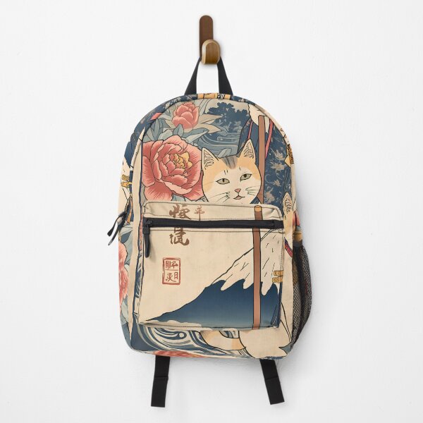 Item preview, Moonlit Samurai Cat – Japanese Ukiyo-e Warrior with Mount Fuji and Peonies designed and sold by kaxymax.