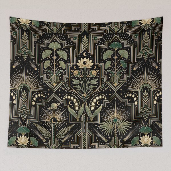 Item preview, Art Deco Celestial Botanical Pattern – Gold Sage & Black Cosmic Ginkgo Lotus Seamless Design designed and sold by SavinMercantile.