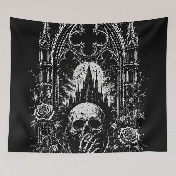 Item preview, Gothic Cathedral Arch Skull Skeleton Hand Black Roses designed and sold by DarkOriginArts.