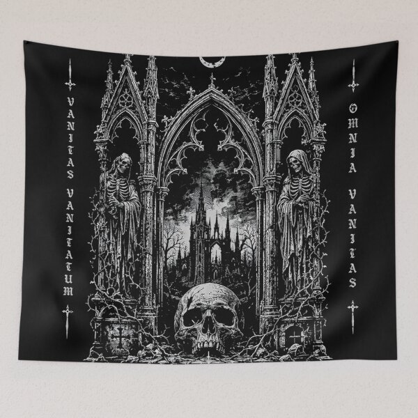 Item preview, Memento Mori Latin Quote Skeleton Statue Gothic Cathedral designed and sold by DarkOriginArts.