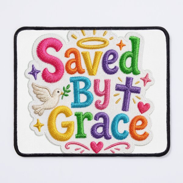 Item preview, Saved By Grace Colorful Christian Embroidery Quote designed and sold by camisagrafica.