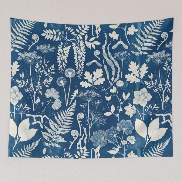 Item preview, Cyanotype Botanical Pattern – Prussian Blue Fern & Wildflower Specimen Seamless Vintage Design designed and sold by SavinMercantile.