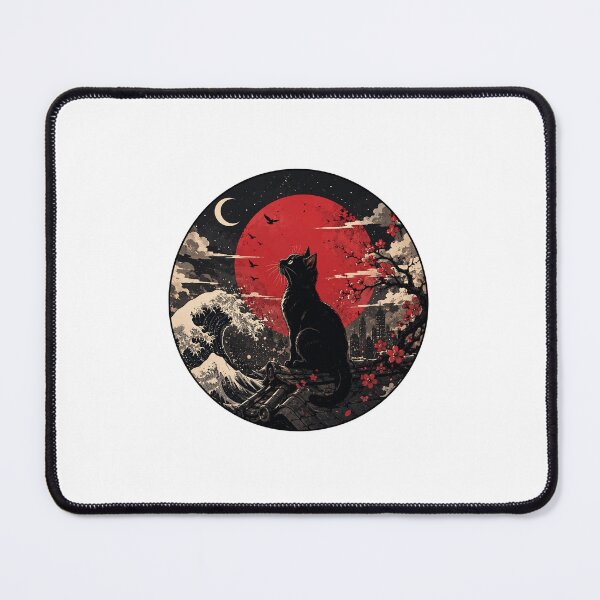 Item preview, Japanese Black Cat Art - Great Wave and Red Moon Aesthetic designed and sold by GUINewAlex.
