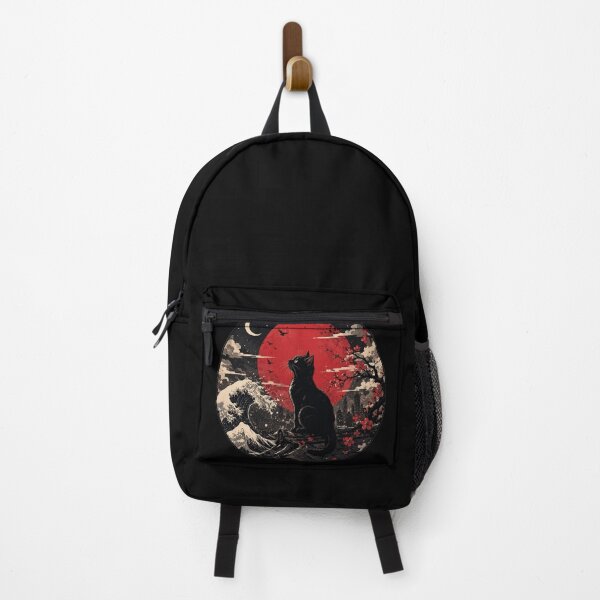Item preview, Japanese Black Cat Art - Great Wave and Red Moon Aesthetic designed and sold by GUINewAlex.
