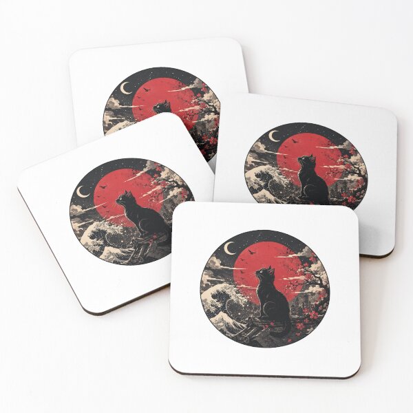 Item preview, Japanese Black Cat Art - Great Wave and Red Moon Aesthetic designed and sold by GUINewAlex.